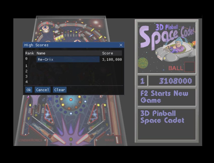 A screenshot of 3D Pinball Space Cadet for early Windows machines. The image displays the game over high scores, with "Re-Crix" at the top with a score of 3,108,000 points.