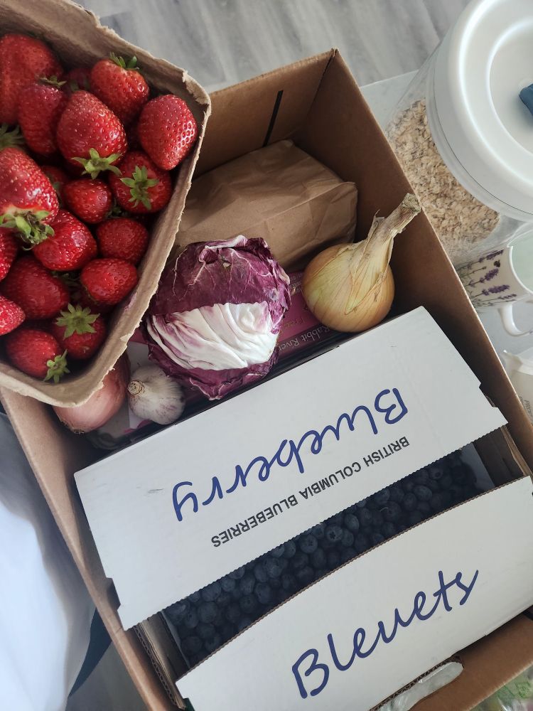 Cardboard box full of market produce: a smaller box of blueberries, a pint of strawberries, a purple and white cabbage, an onion, a garlic bunch, a shallot, and a carton of eggs