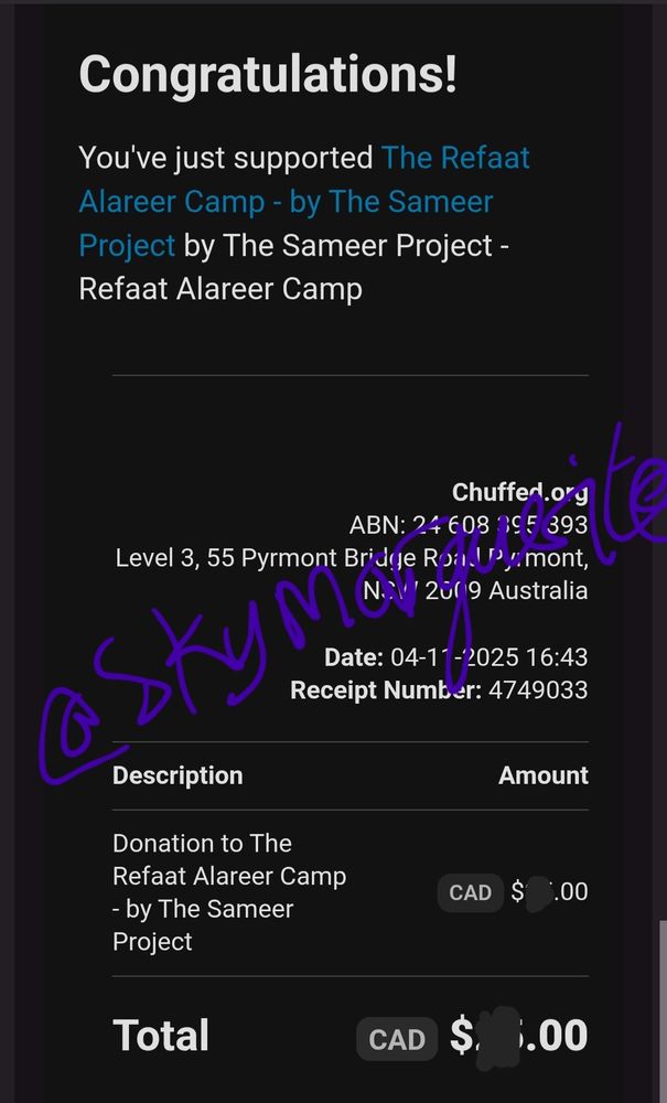 A receipt for a Chuffed donation to the Rafaat Alareer Camp / the Sameer Project