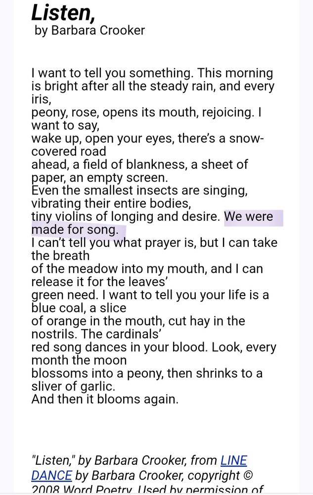 Screenshot of a poem. The line "We were made for song." is highlighted in purple.

Listen,
 by Barbara Crooker

I want to tell you something. This morning
is bright after all the steady rain, and every iris,
peony, rose, opens its mouth, rejoicing. I want to say,
wake up, open your eyes, there’s a snow-covered road
ahead, a field of blankness, a sheet of paper, an empty screen.
Even the smallest insects are singing, vibrating their entire bodies,
tiny violins of longing and desire. We were made for song.
I can’t tell you what prayer is, but I can take the breath
of the meadow into my mouth, and I can release it for the leaves’
green need. I want to tell you your life is a blue coal, a slice
of orange in the mouth, cut hay in the nostrils. The cardinals’
red song dances in your blood. Look, every month the moon
blossoms into a peony, then shrinks to a sliver of garlic.
And then it blooms again.


"Listen," by Barbara Crooker, from LINE DANCE by Barbara Crooker, copyright © 2008 Word Poetry. 