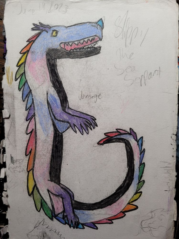 A  snake creature  with four legs and rainbow spikes and its dorsal side is the colors of the trains flag and its ventral side is black. 