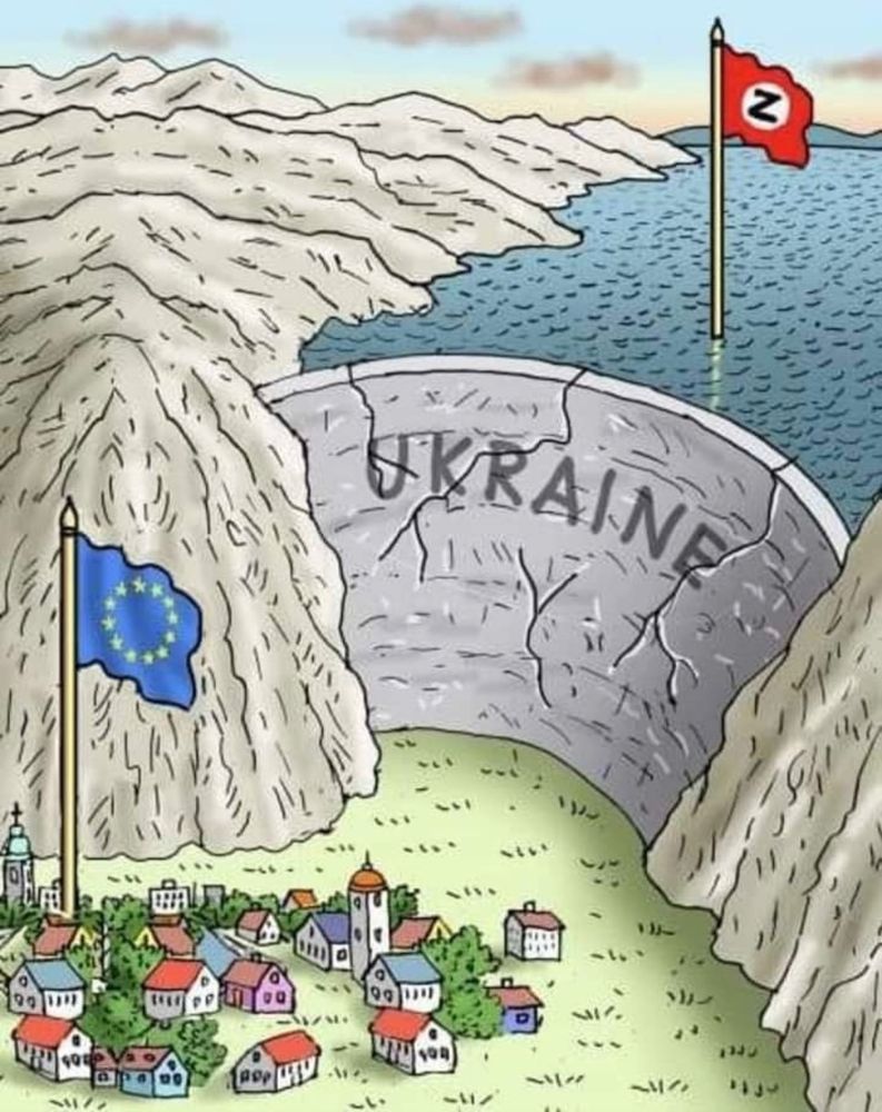 A cartoon showing how Ukraine is the only barrier between democrat europe and dictatorship russia