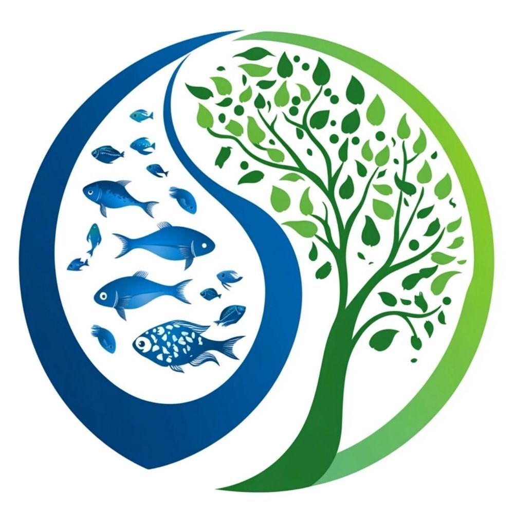 A logo design featuring an intertwined tree and fish in a yin-yang style, symbolizing the connection between terrestrial and aquatic ecosystems. This is the logo for the Global Ecology Feed.