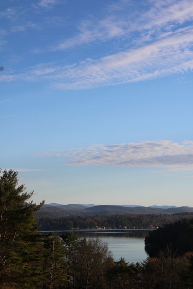 A lake and distant rolling hills visible through a break in the trees.