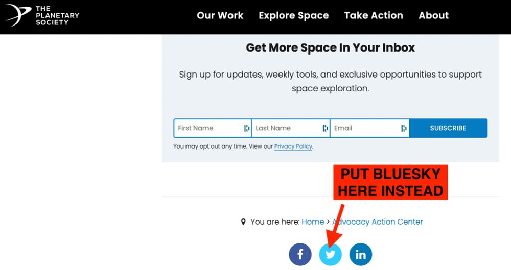 Shows webpage screenshot with a red arrow pointing to the twitter sign with text that says "put bluesky here instead"