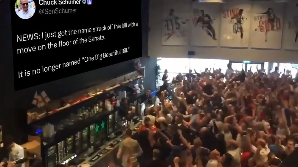 bar cheering at giant screen showing Chuck Schumer tweet reading:

NEWS: I just got the name struck off this bill with a move on the floor of the Senate.

It is no longer named "One Big Beautiful Bill."