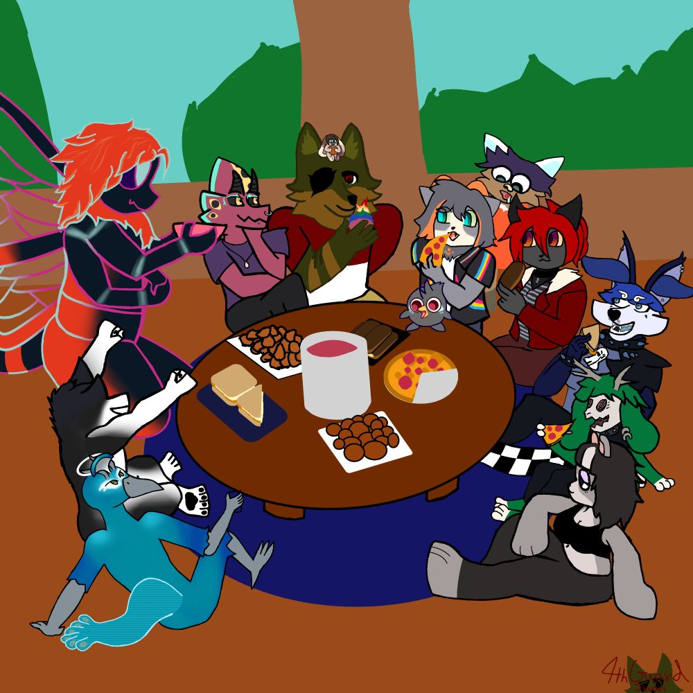 A big potluck with a lot of furry friends around a circular table. With croquettes, gazpacho, pizza, boneless wings, chicken strip melts and eclairs.