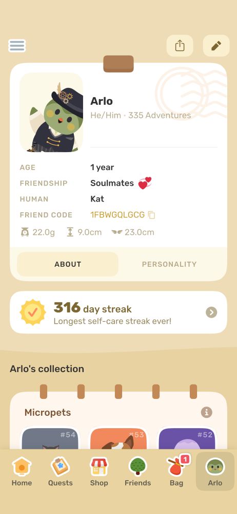 screenshot of arlo from the finch app. a little green bird in a black steampunk outfit is waving in the top left corner

my friend code is 1FBWGQLGCG
