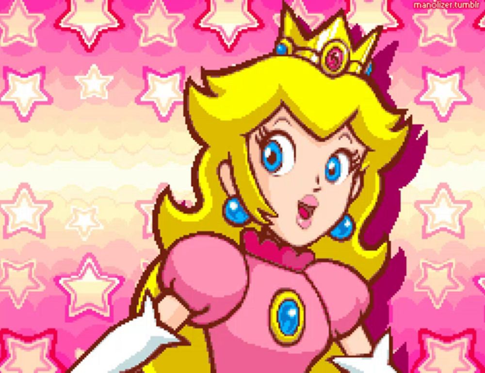 a pixel art of princess peach with stars in the background