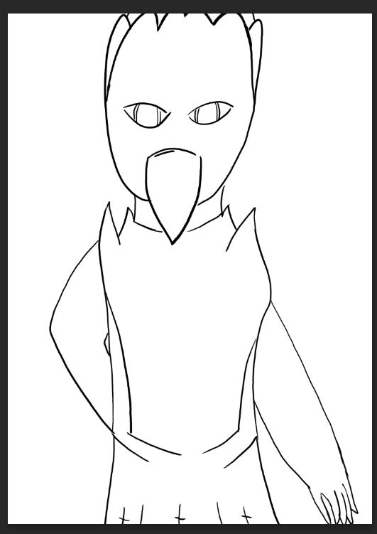 This is a bird character design I decided to try to design and work on today. They are wearing a kilt/skirt thing I dunno what it's called and have strange armor so I could work on perspective of something like that with a different pose than standard. The eyes are looking forward in a way I think looks both intimidating and calming