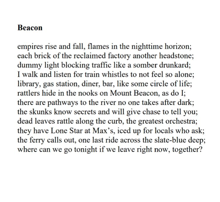 The poem "Beacon" by James Duncan, as it appears in the book Tributaries, published by Maverick Duck Press.