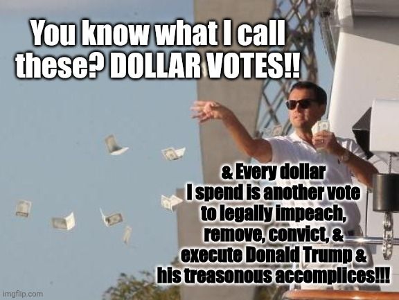 Leonardo DiCaprio is leaning out from his yacht throwing bills into the air with the words, 