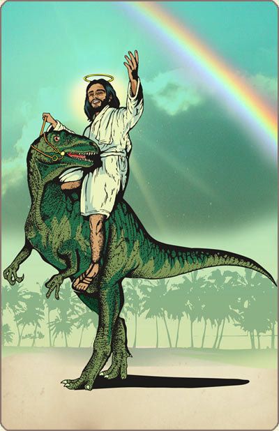 White Jesus riding a raptor.