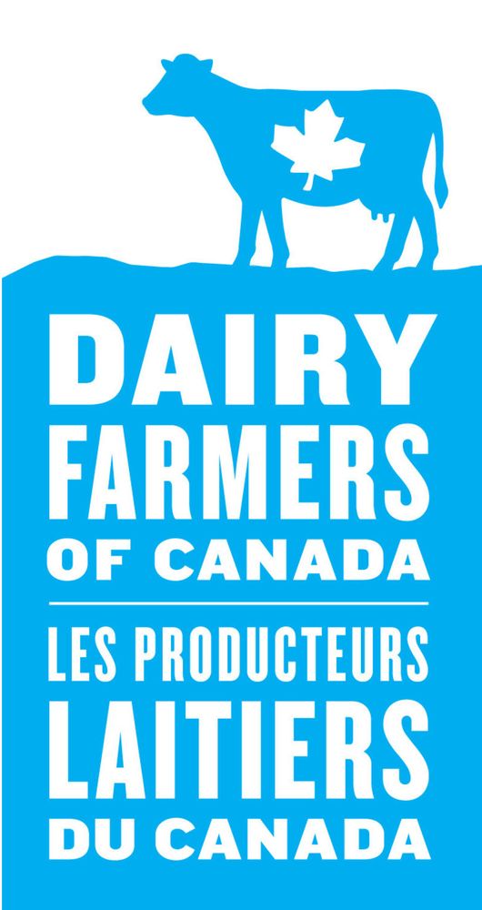 The logo for the Dairy Farmers of Canada. It's pale blue and white (sometimes black and white) with a dairy cow with a maple leaf and "Dairy Farmers of Canada" in English et Français.