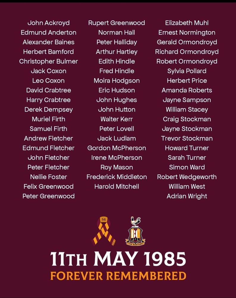 Names of the 56 victims of the Bradford fire, 40 years ago today
