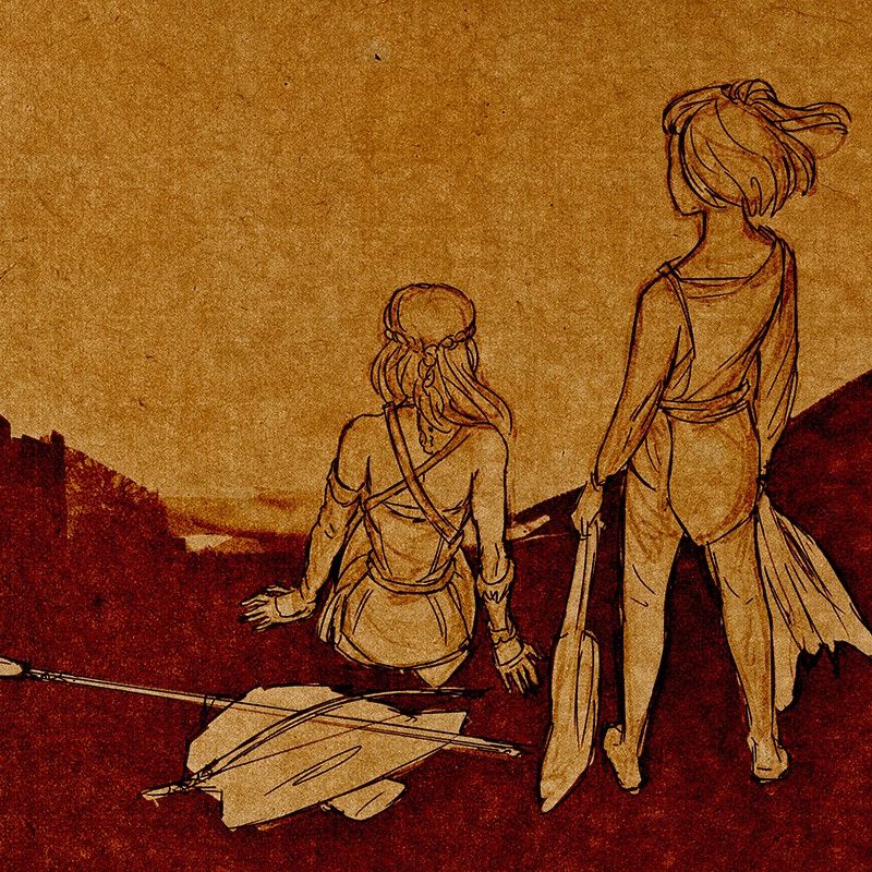 Sketch in sepia from the game Seers Isle, showing a young "viking" girl,  Freya, sitting on the edge of a cliff, her weapons laid on the ground next to her. She's looking towards the sea, while Arlyn, another girl, is standing behind her. 