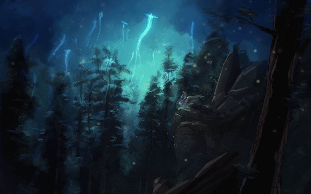 A landscape of a starry sky, we see a forest and a cliff where a young woman is standing.