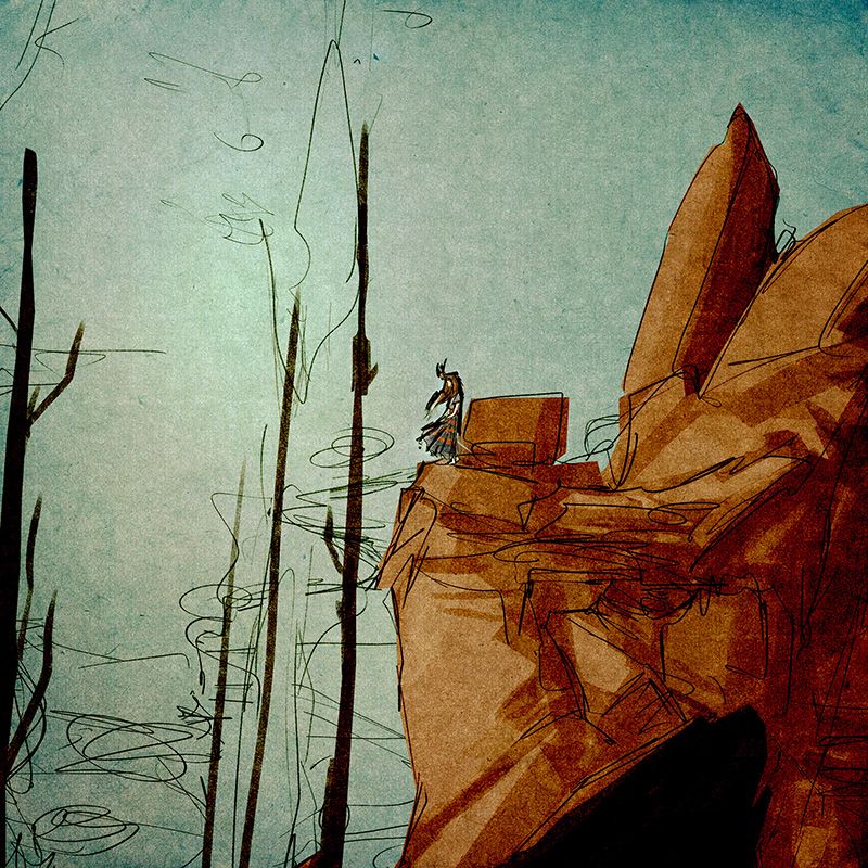 A sketch of a landscape, we see an outline of a forest and a cliff where a young woman is standing.