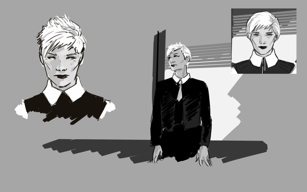 Sketches of a character named Eva. She exudes a cool and chic aura.