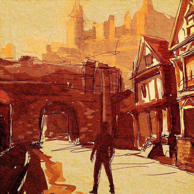 Sketch in sepia from the game Seers Isle, showing Connor, a young man, standing, disoriented with a medieval street.