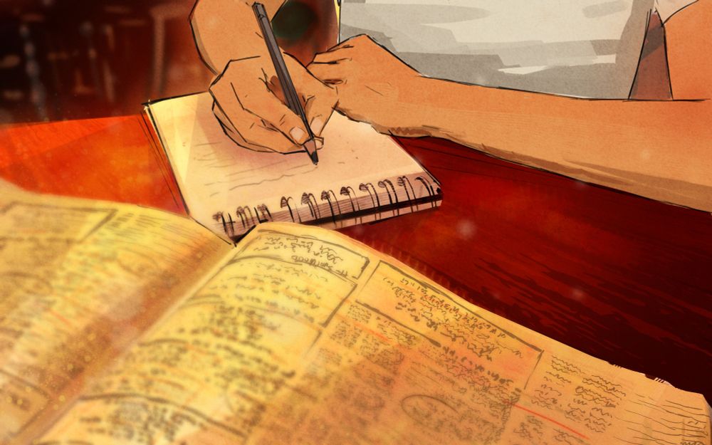 Illustration of a person taking notes while reading a newspaper.