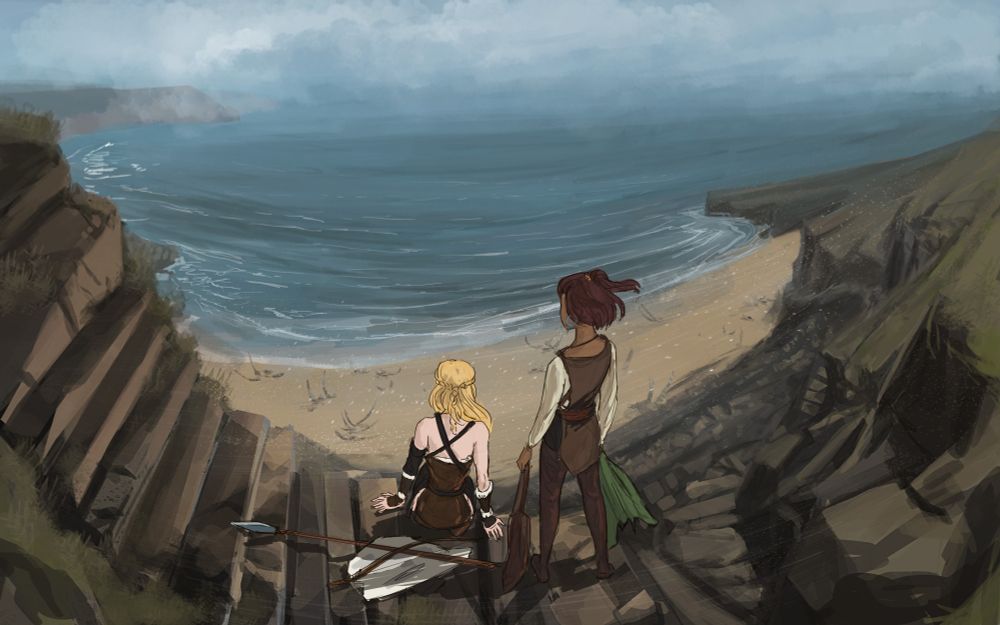 Final image from the game Seers Isle, showing a young "viking" girl,  Freya, sitting on the edge of a cliff, her weapons laid on the ground next to her. She's looking towards the sea, while Arlyn, another girl, is standing behind her. 