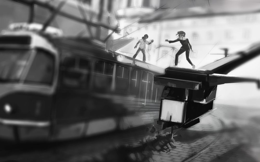 Concept art. One person is on a train and the other is on a crashed helicopter. They are reaching out to each other.