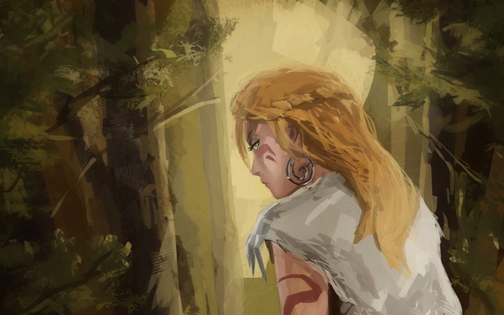 A young woman dressed in Viking fashion gives us a suspicious look while turning her back on us.