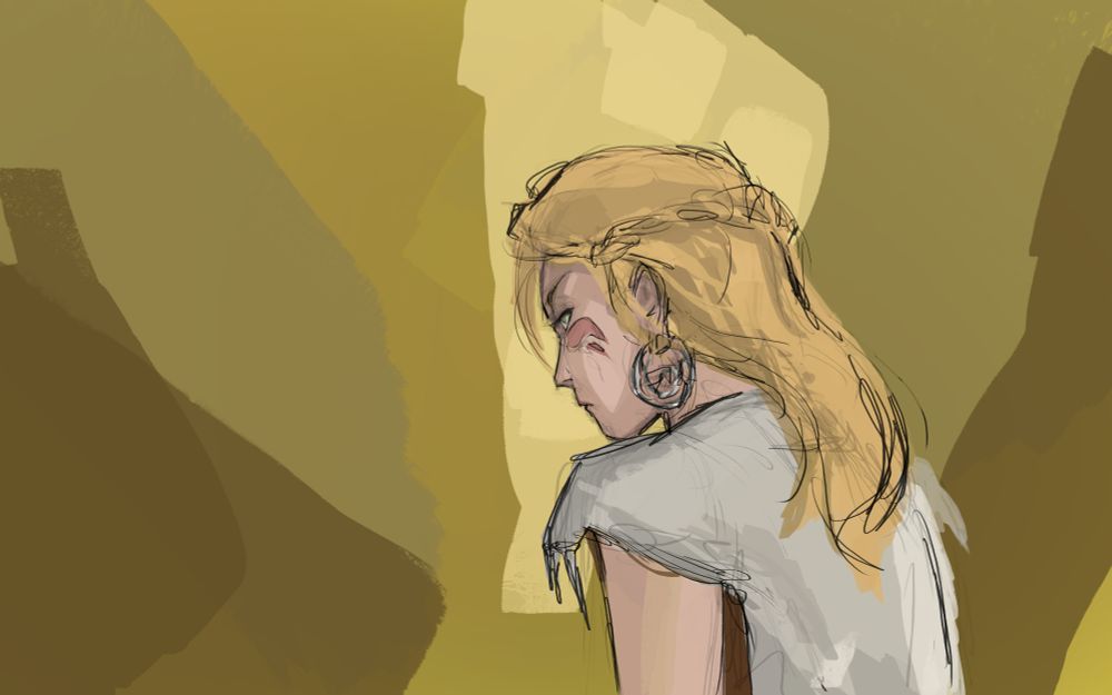 A sketch of a young woman dressed in Viking fashion gives us a suspicious look while turning her back on us.
