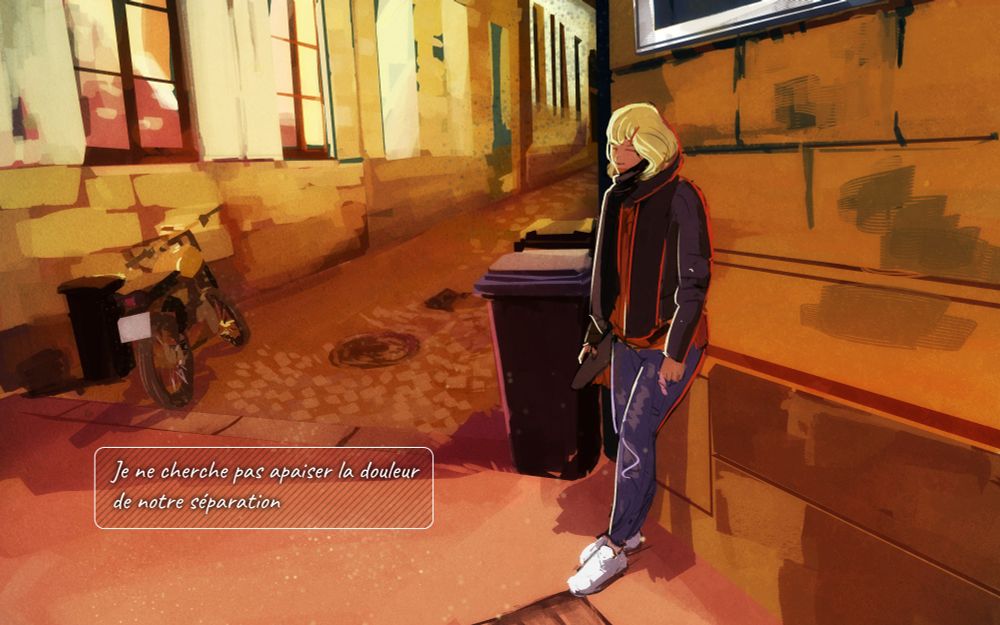 A young blonde woman is leaning against a wall on the street. She seems to be deep in thought.
