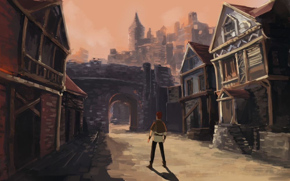 Final image from the game Seers Isle, showing Connor, a young man, standing, disoriented with a medieval street.