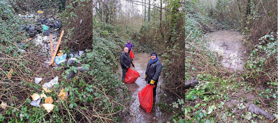Clearing fly-tipping. A montage of a pool full of bags of litter, three people in wellies clearing it, and the empty pool