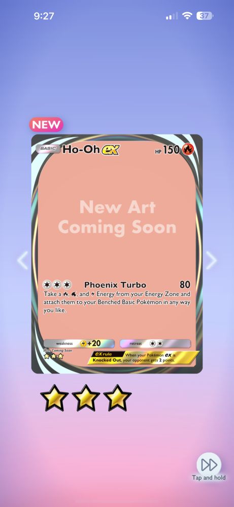 The Ho-Oh EX card with it saying “New Art Coming Soon” 