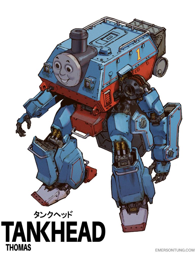 A drawing of a tankhead, a bipedal tank robot, with the face and colors of Thomas the tank engine. 