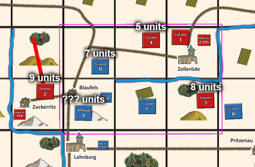 Section of the previous map marking a 2x3 battle zone and unit movement.