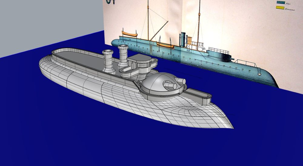 3d render of a historical turret ram ship, turned into a more fictional dieselpunk machine.