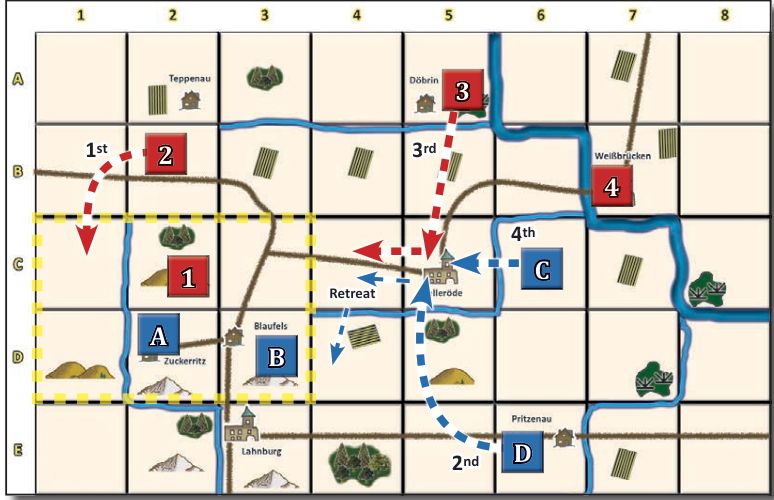 A map showing a turn of actions
