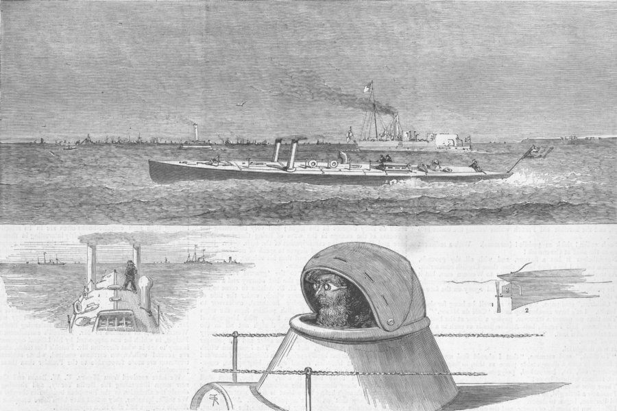  The Naval Review at Spithead, . Illustration for The Graphic, 24 August 1878.

Top Image:
The Naval Review at Spithead, the Yarrow Torpedo Boats.
Top: Yarrow Torpedo Boat at Spithead Caption bottom:
Deck View; Man at the Wheel; Screw.
1. The Propeller; 2. Keel brought down to protect Propeller; Balanced Rudder.

The Queen recorded in her Journal that it was a beautiful sight ... The Iron Clads looked splendid' and she was impressed by 'the 2 torpedo boats, Vesuvius & Lightning, which rushed about at the rate of 20 Knots an hour