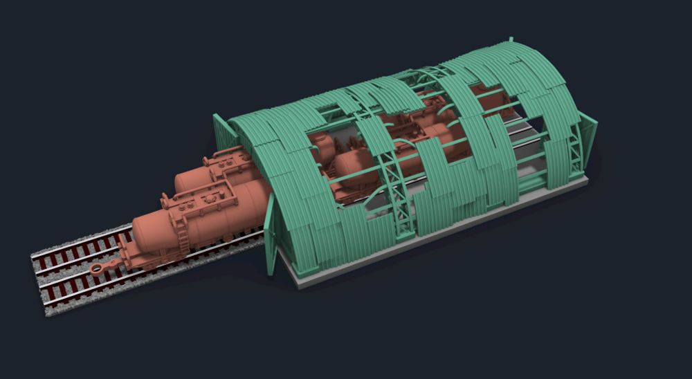 3d render of a dilapidated shed housing rusty train cars 