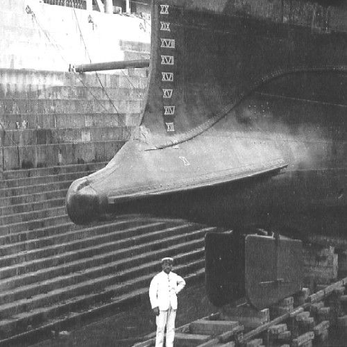 The prow of the HMS polypemus Torpedo Ram, showing its Ram which has a hatch on front hiding a torpedo tube, as well as twin front rudders. 