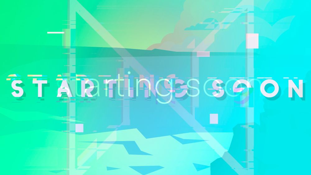Nixidune's green and blue "Starting Soon" streaming banner glitching as it reveals a new "Starting Soon" banner underneath consisting of an illustrated rocky coast at sunset