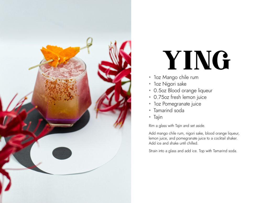 A recipe card for a drink for “Ying”
Mango chili rum, sake, blood orange liqueur, lemon juice, pomegranate juice, and tamarind soda with a tajik rum. decorated against a background of red spider lilies and a yin yang symbol 