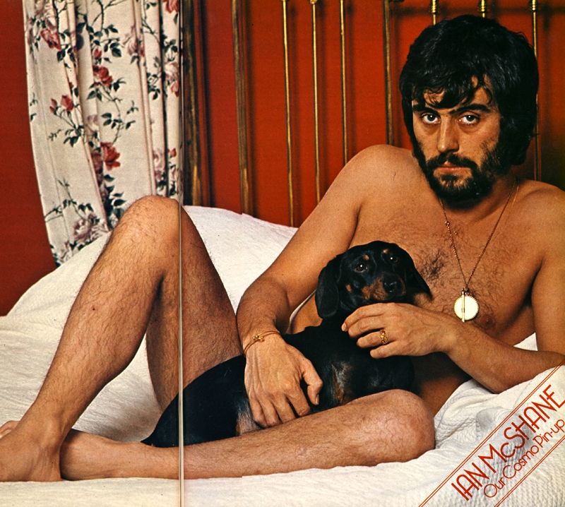 Naked Ian McShane laying on a brass bed with white sheets a terracotta Red walls with a floral pattern curtain in the background. Covering Ian mcshane's stomach and groin is a small black dachshund dog with brown around its mouth and above his eyebrows. Going cattle corner across the lower right hand corner cattery corner it say Isn McShane our Cosmo pin-up. 