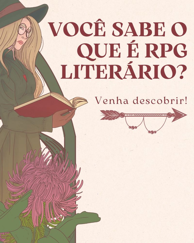 Imagem de uma bruxa loira de óculos segurando um livro, com o título no lado direito da tela escrito: VOCÊ SABE O QUE É RPG LITERÁRIO? E o subtitulo escrito: Venha descobrir! seguido por uma seta ornamentada