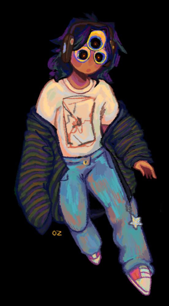 Drawing or a human with three yellow eyes and no nose or mouth, they’re wearing a beige t-shirt with red and black patterns, jeans, and a striped hoodie that’s fallen over one of their shoulders. as well as red sneakers and headphones. the illustration is colored in saturated colors and the character has mid length spiky black hair with purple and blue highkights 