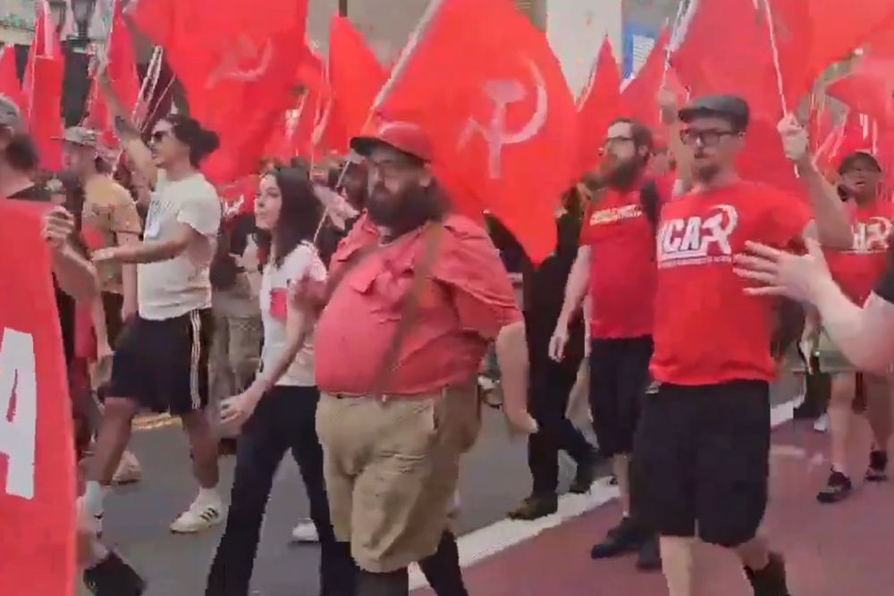 Ridiculous looking dorks with hammers and sickles, who call themselves the revolutionary communists of America, marching in Chicago for some reason 