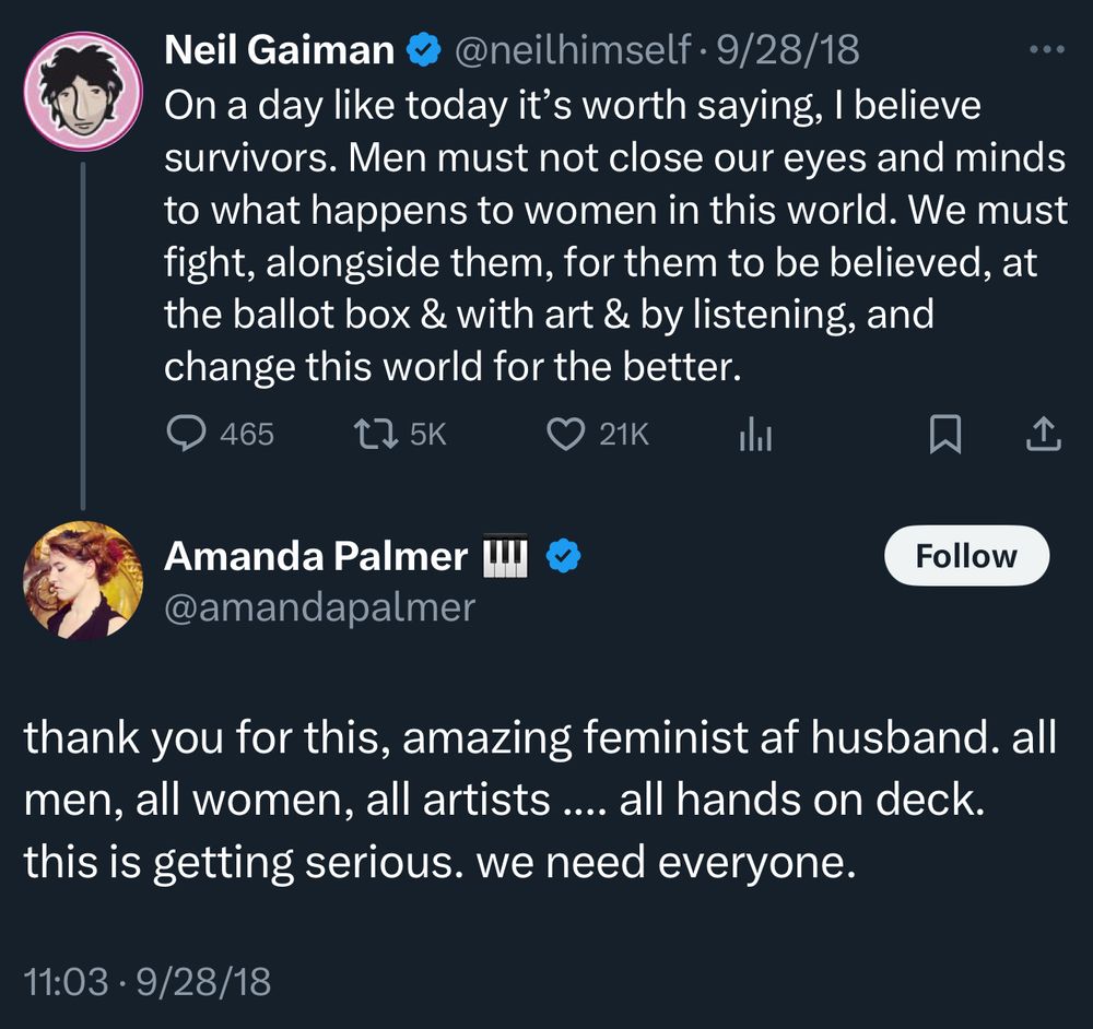 Neil Gaiman stands up for rape surveys on Twitter. His then wife Amanda Palmer praises him as her “feminist af husband.” Gaiman is accused of the gruesome rapes of multiple women. Amanda appears to have enabled him.