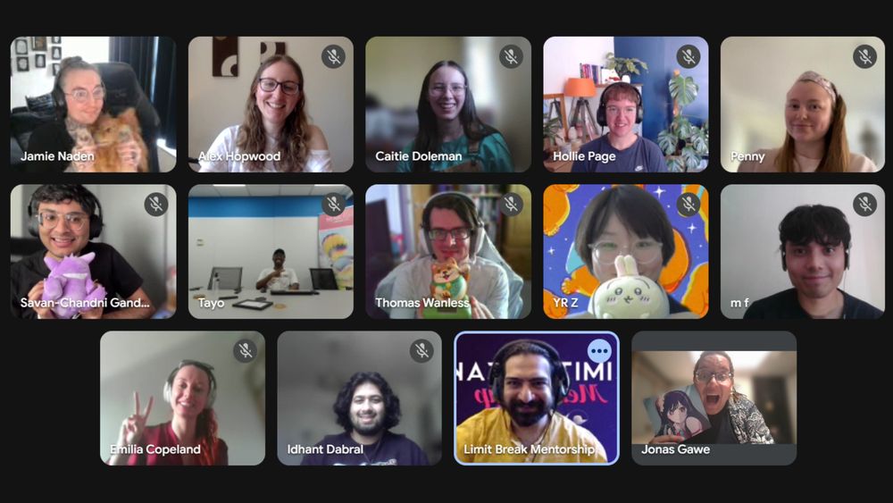 A screengrab of a video call with 14 participants. They're smiling at the camera, some are holding pets and plushies