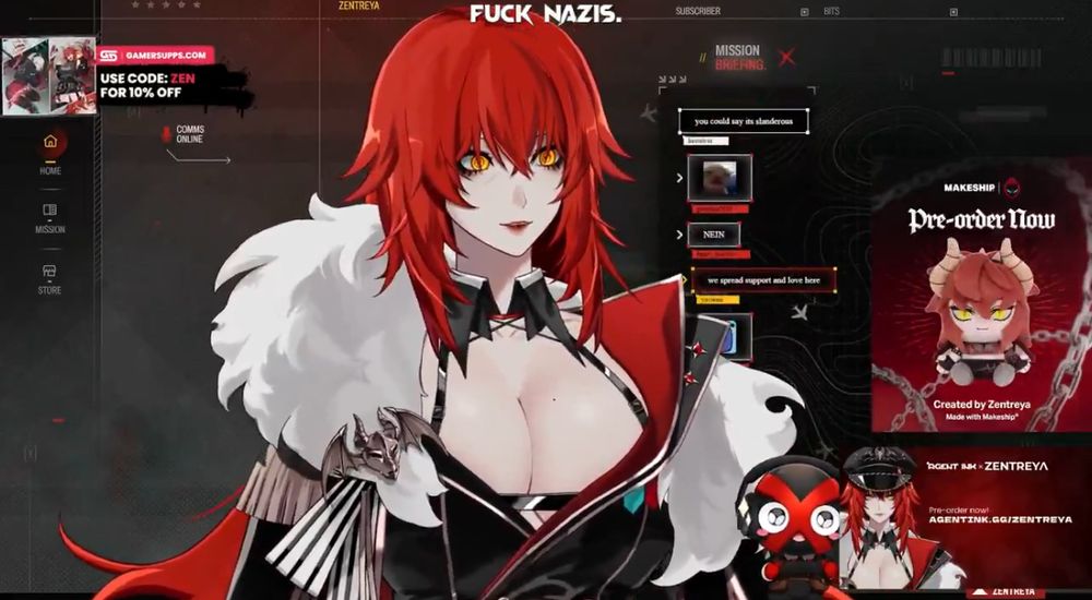 Zentreya in her new leather officer outfit, stating “fuck Nazis”