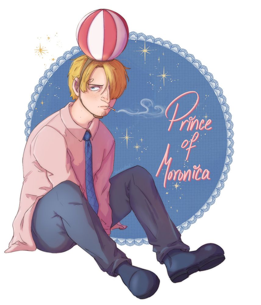 Sanji from the long ring long land arc, sitting with his legs out, slightly bent. He's looking unhappy while smoking a cigarette, with the Davy Back ball on his head. The background is a plain circle with a cloth texture over it. The edges have lace to make it look like a tea towel, and the words "Prince of Moronica" are written in pink, surrounded by sparkles. The drawing has a VHS filter over it, making it look dreamy.
